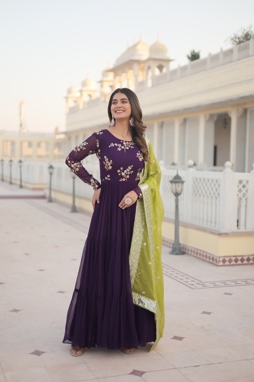 Satyabhama purple georgette anarkali gown set