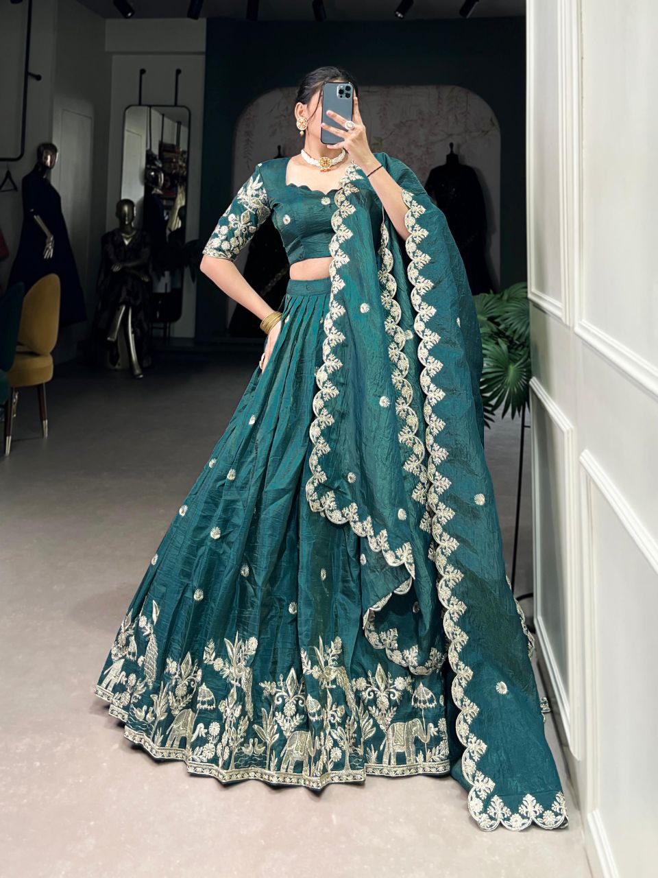 Teal green gold crush sequins thread embroidery work lehenga choli