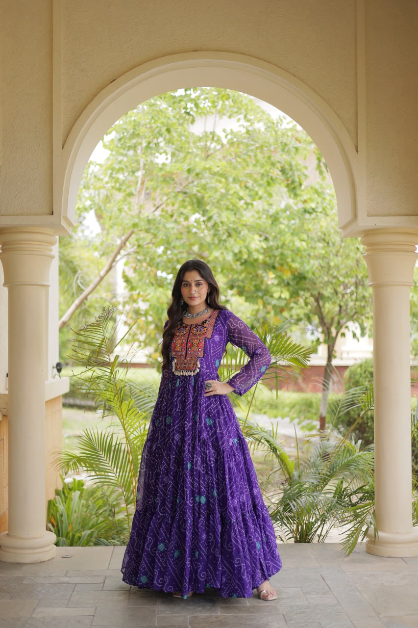 Ira Purple Faux Georgette Bandhani Kutchi Patchwork Gown