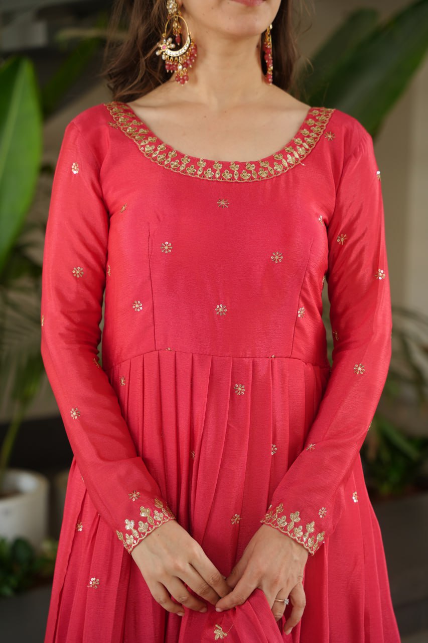 Harvisha Rani Pink Gown Set in premium Chinon Silk with sequin embroidery – ideal Indian ethnic wear for Indian weddings, festive wear, traditional wear, and Indian bride look. Perfect designer gown for online shopping in Indian fashion and clothing trends.