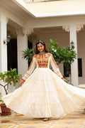 Off-White Kora Cotton Kutchi Gamthi Mirror Work and Kodi Lace Gown