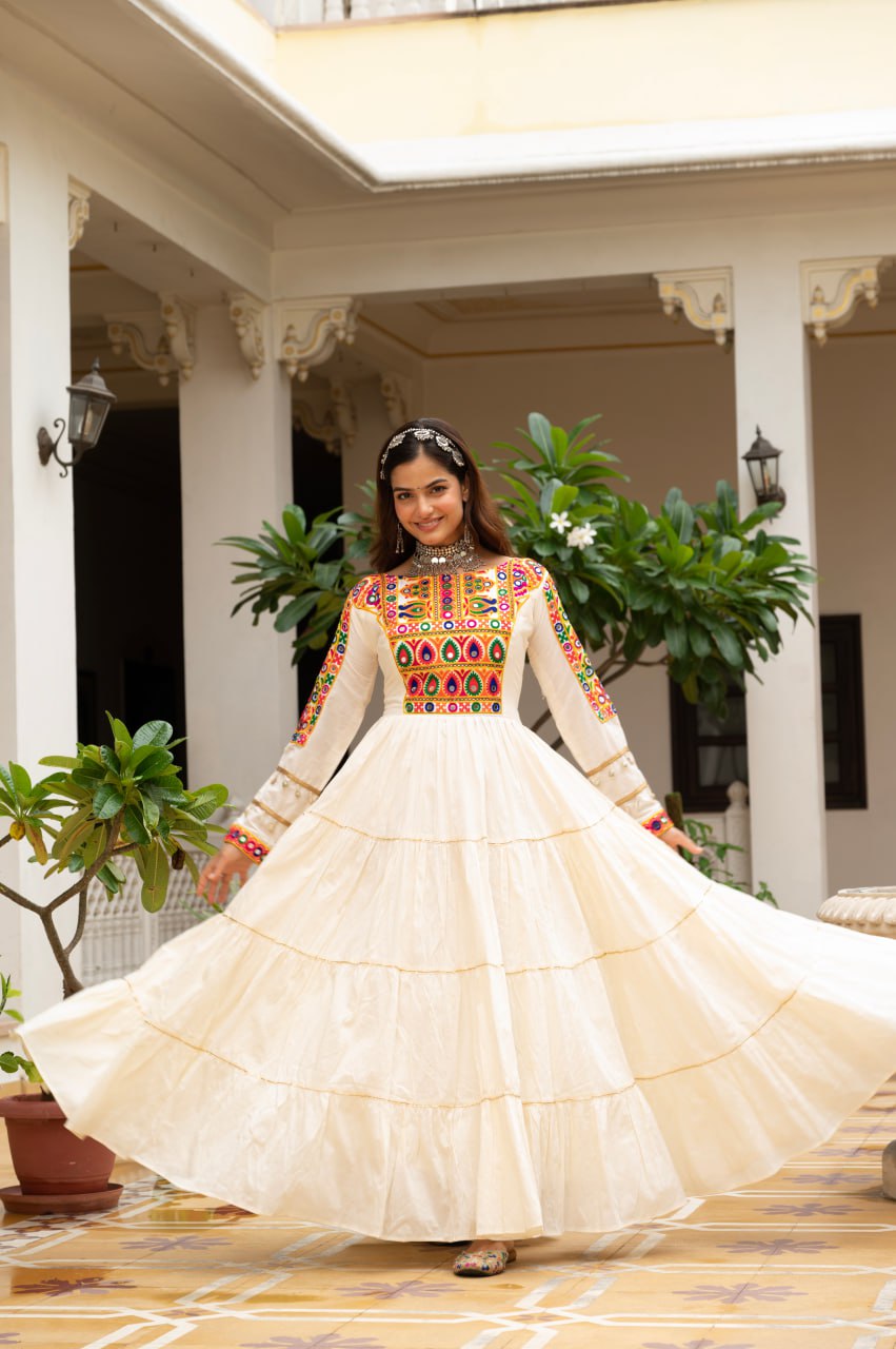 Off-White Kora Cotton Kutchi Gamthi Mirror Work and Kodi Lace Gown