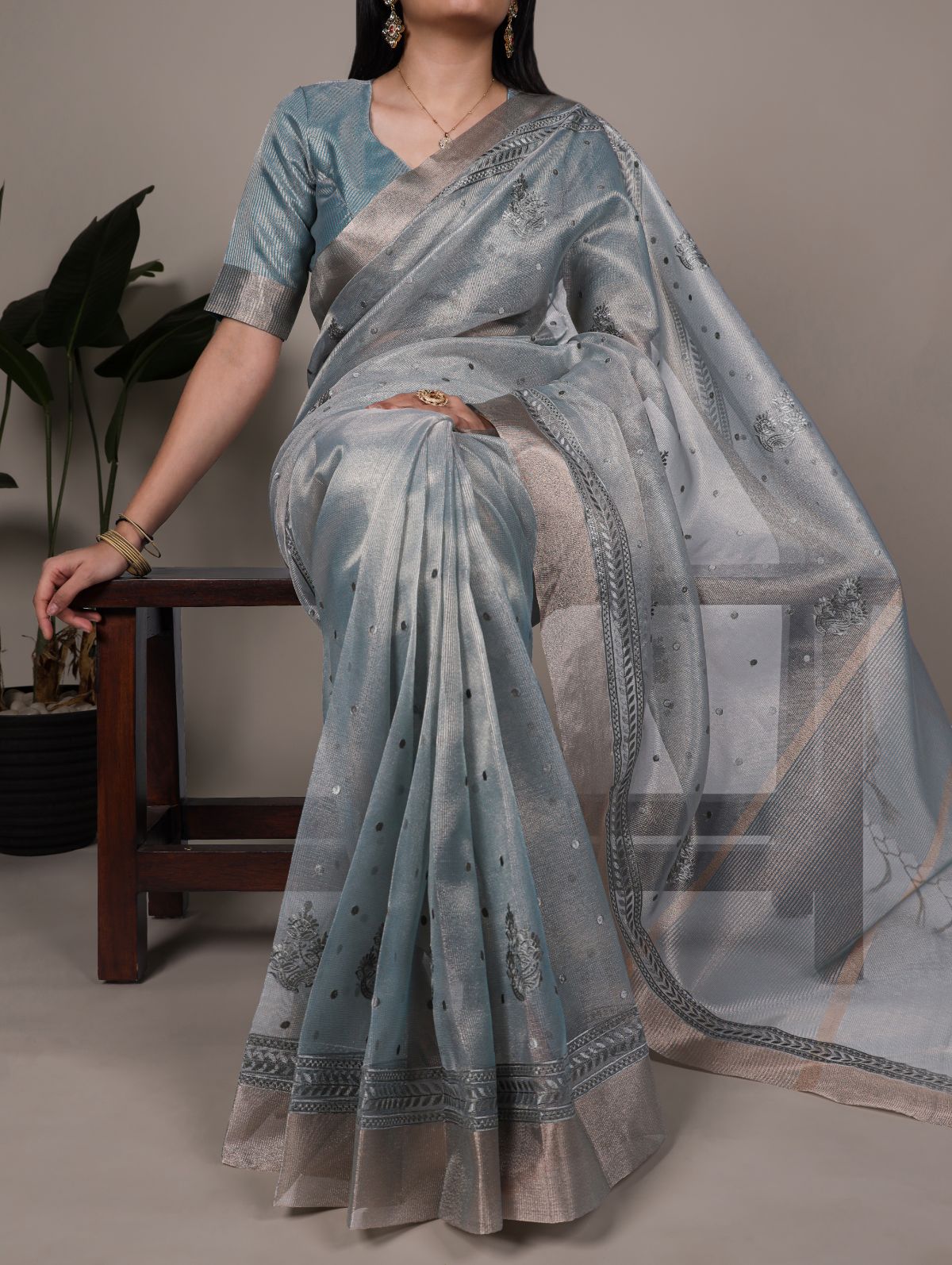 Sky Blue Color Poly Shimmer Thread Embroidered Saree with Unstitched Blouse