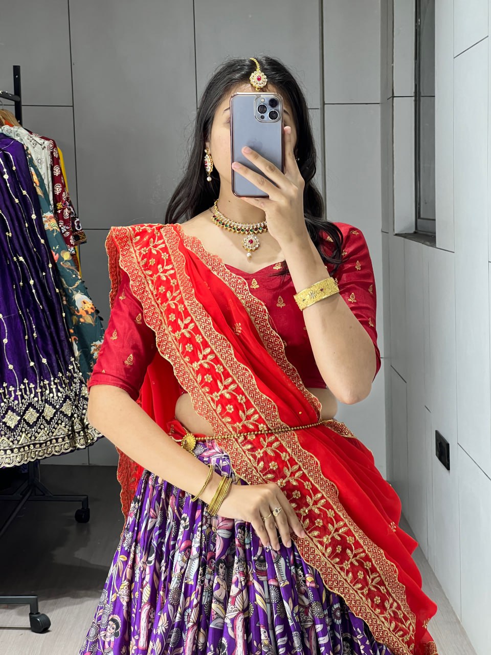 Purple Color Kalamkari Soft Dola Silk Half Saree Lehenga with Embroidered Dupatta