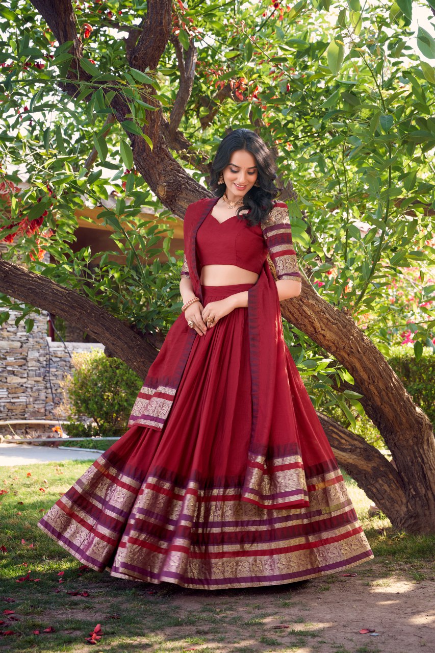 Maroon Pure Chanderi Lehenga Choli with Zari Weaving Work & Dupatta