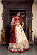 Maroon tussar silk foil print lehenga choli with embroidered dupatta