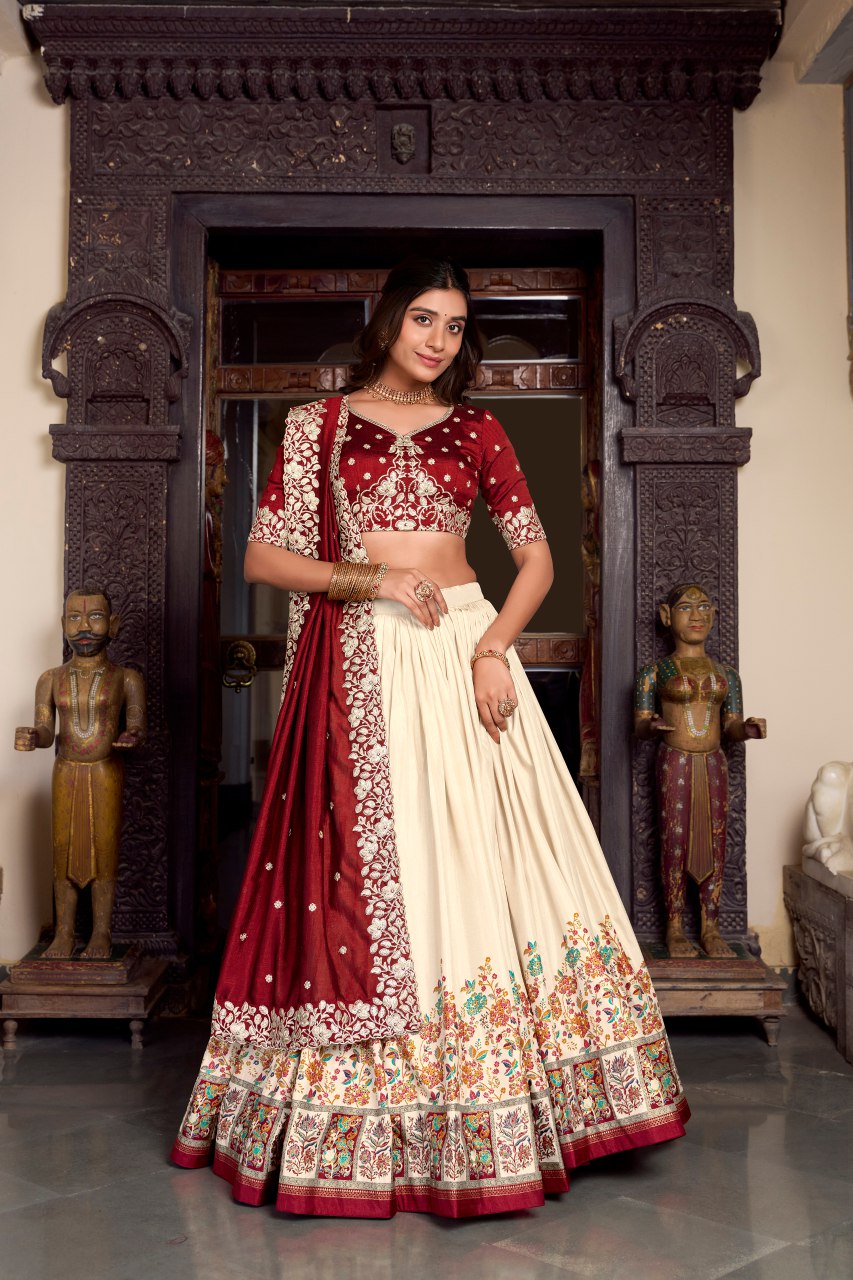 Maroon tussar silk foil print lehenga choli with embroidered dupatta