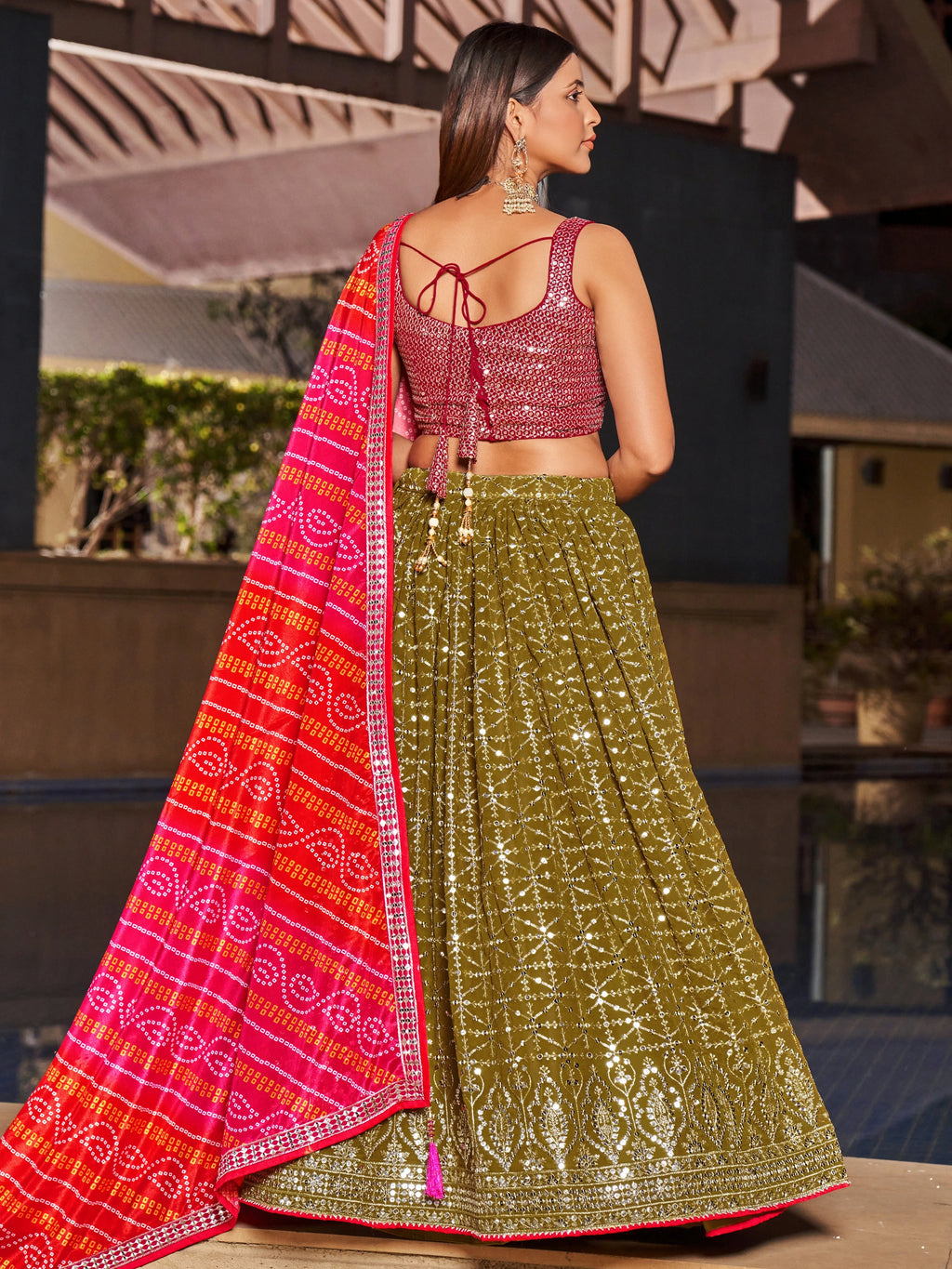 Navya Olive Green Color Embroidered Lehenga Choli with Bandhani Dupatta
