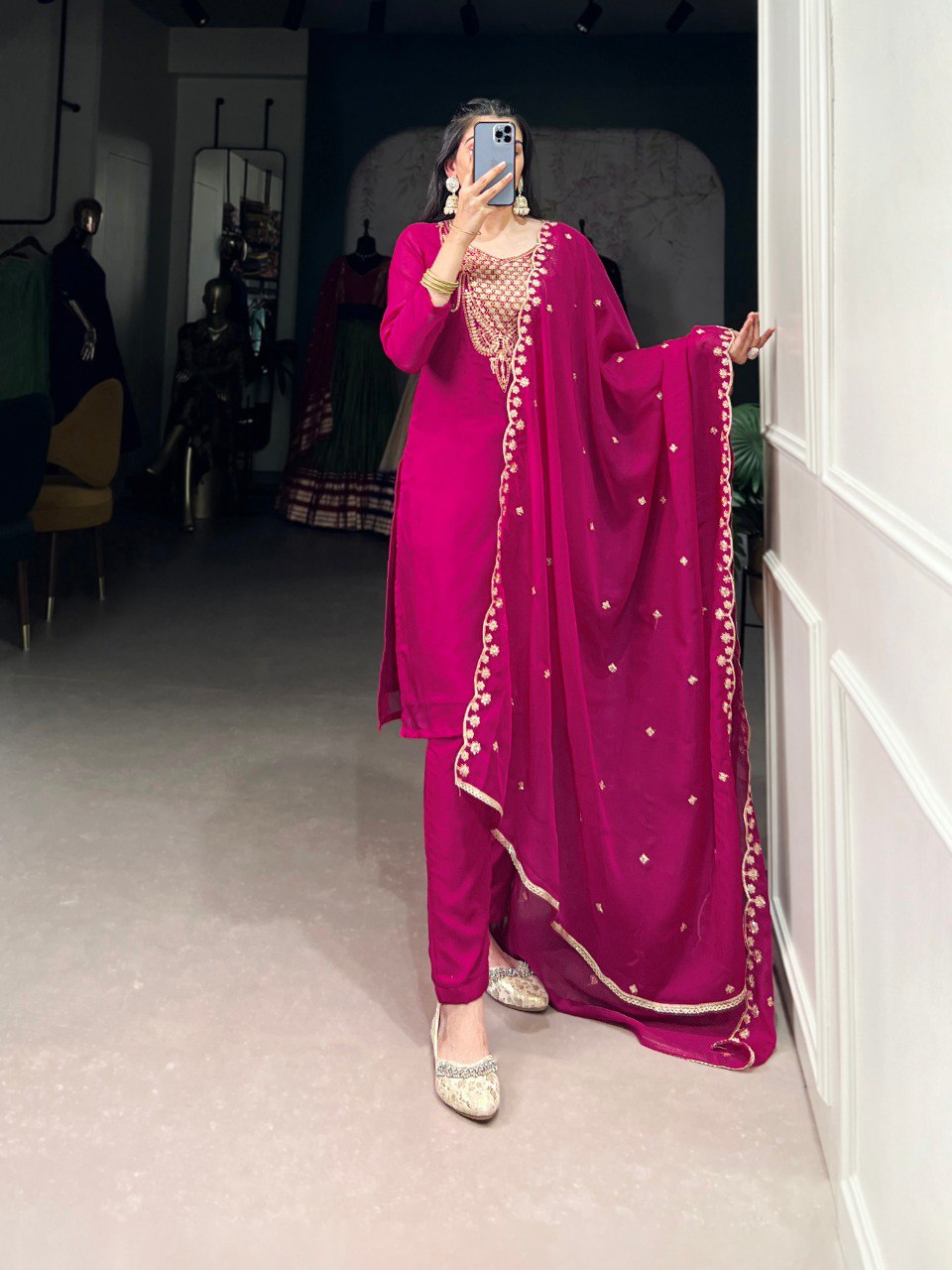 Pink Organza Sequins & Thread Work Embroidered Kurti Set with Dupatta