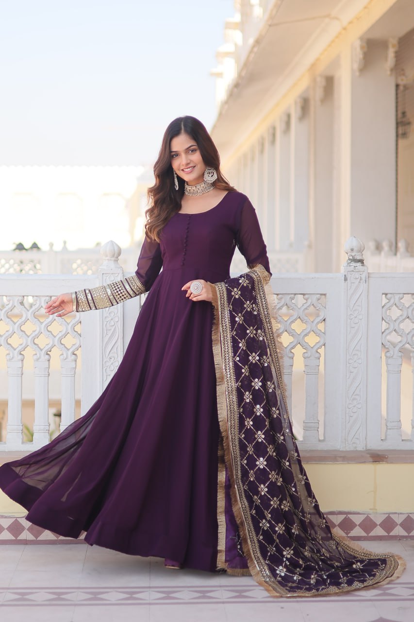 Lavish Purple Sequins Embroidered Anarkali Flared Kurti Set