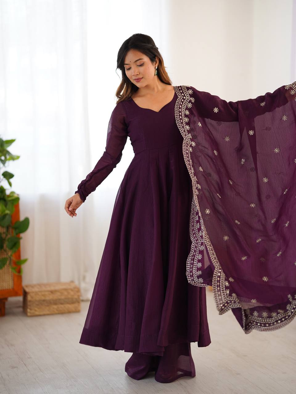Tiya purple Fandy Silk Anarkali suit with 4.5-meter flair, full sleeves & embroidered dupatta – stitched & ready for weddings, parties & festive wear.