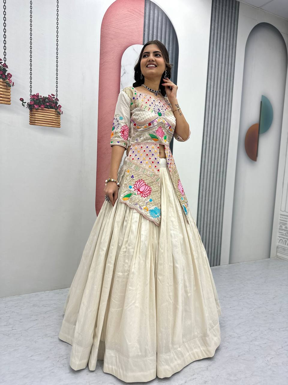 Neerja Off-White Color Cosmos Silk Embroidery Sequence Work Crop Top Lehenga Choli
