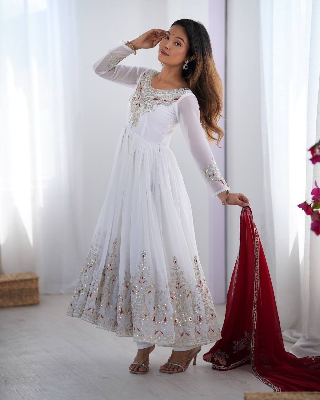 Tejvini White Georgette Embroidered Gown with Dupatta