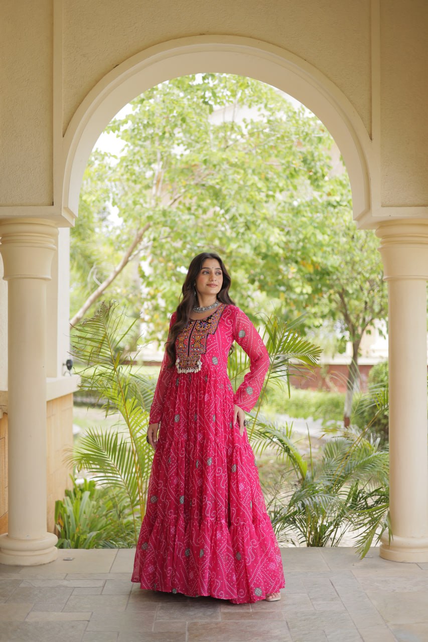 Ira Pink Faux Georgette Bandhani Kutchi Patchwork Gown