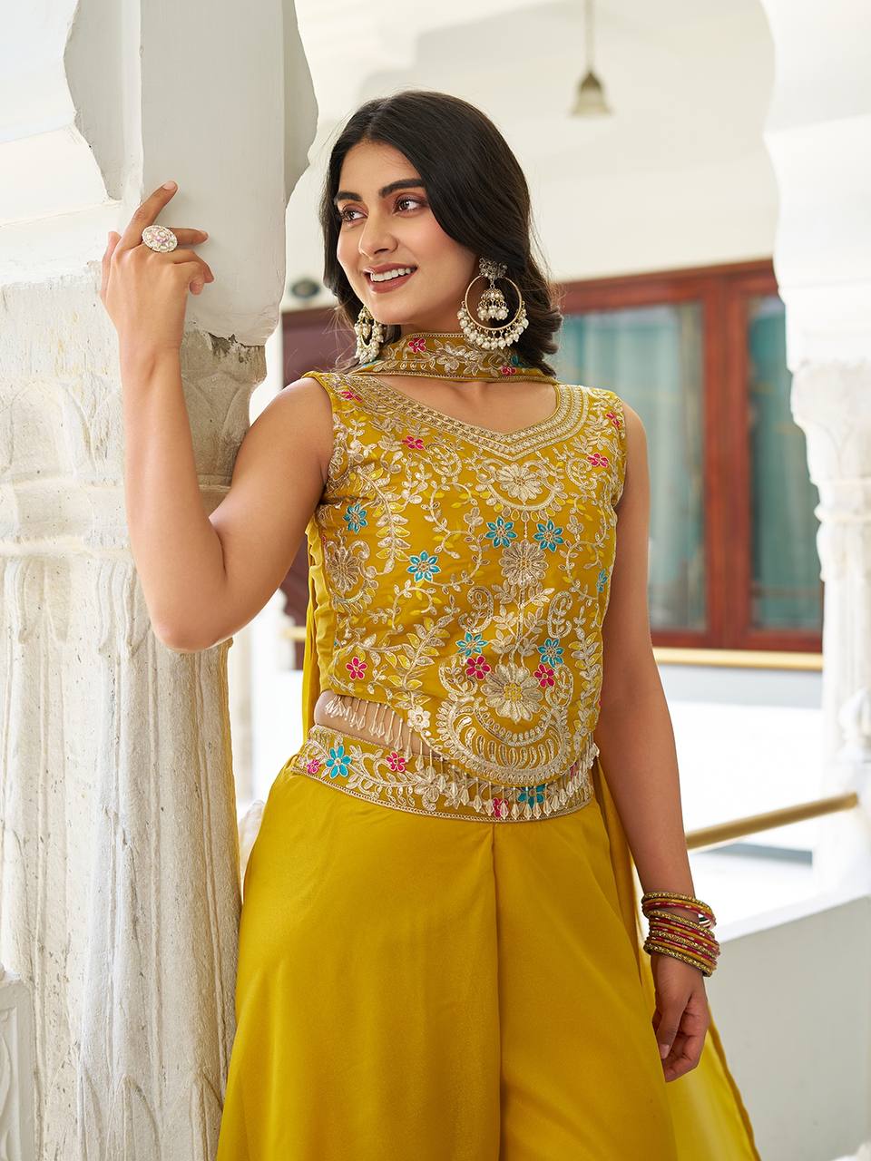 Stuti Mustard Yellow Star Georgette Sequins Thread Embroidery Work Top Palazzo Set