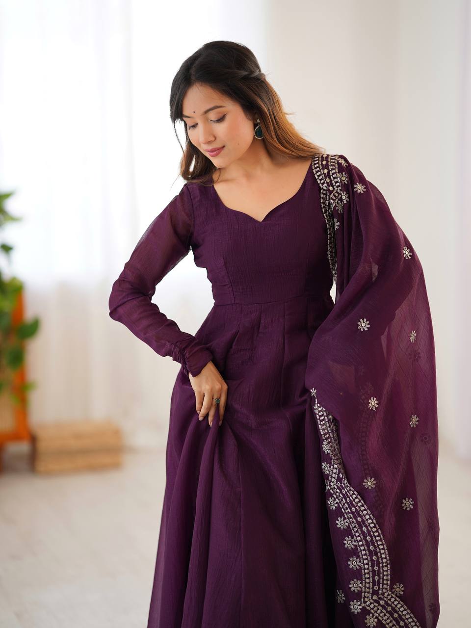Tiya purple Fandy Silk Anarkali suit with 4.5-meter flair, full sleeves & embroidered dupatta – stitched & ready for weddings, parties & festive wear.