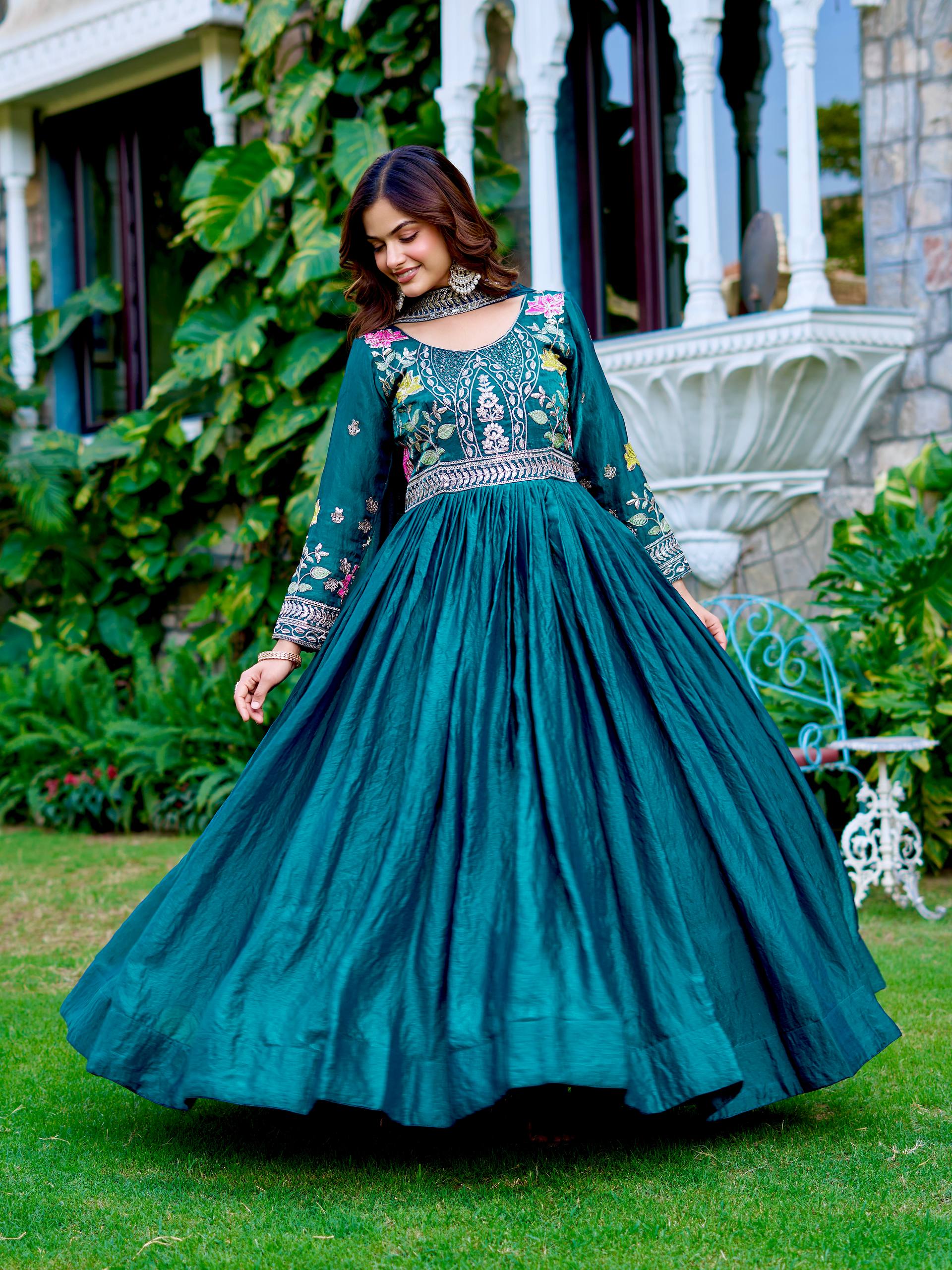Dipa Teal Blue Color Fendy Silk Embroidery Sequins Thread Work Gown with Dupatta