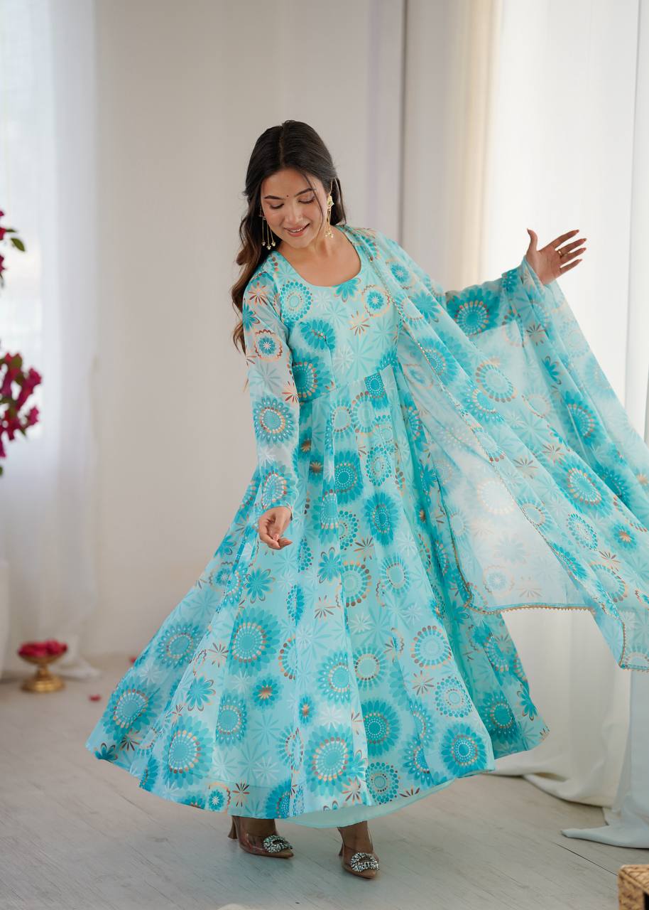 floral cotton anarkali dress Bahni Brown Floral Print Angrakha Neck Anarkali Suit Set