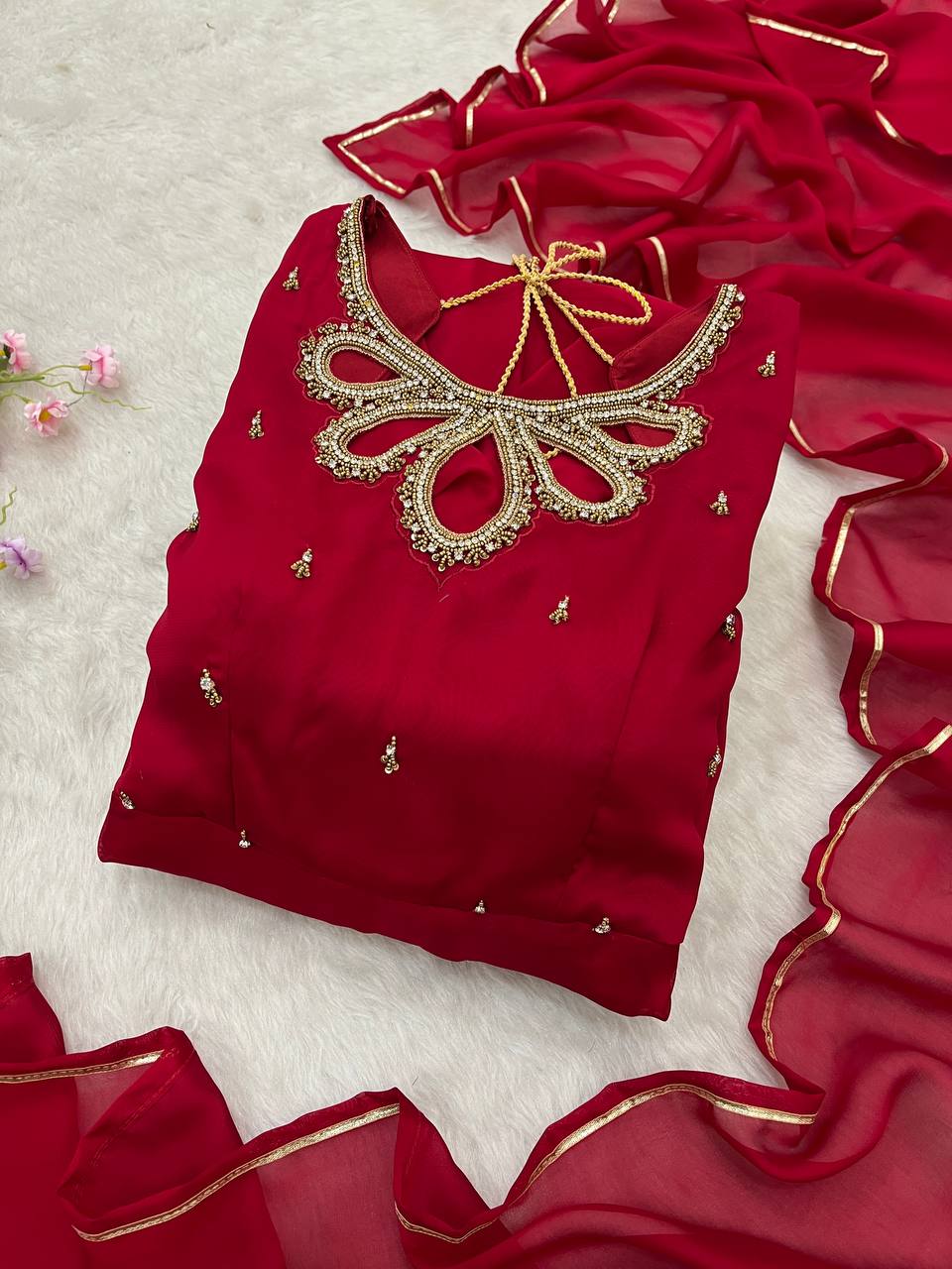 Samiksha Red Georgette Embroidered Anarkali Gown Set