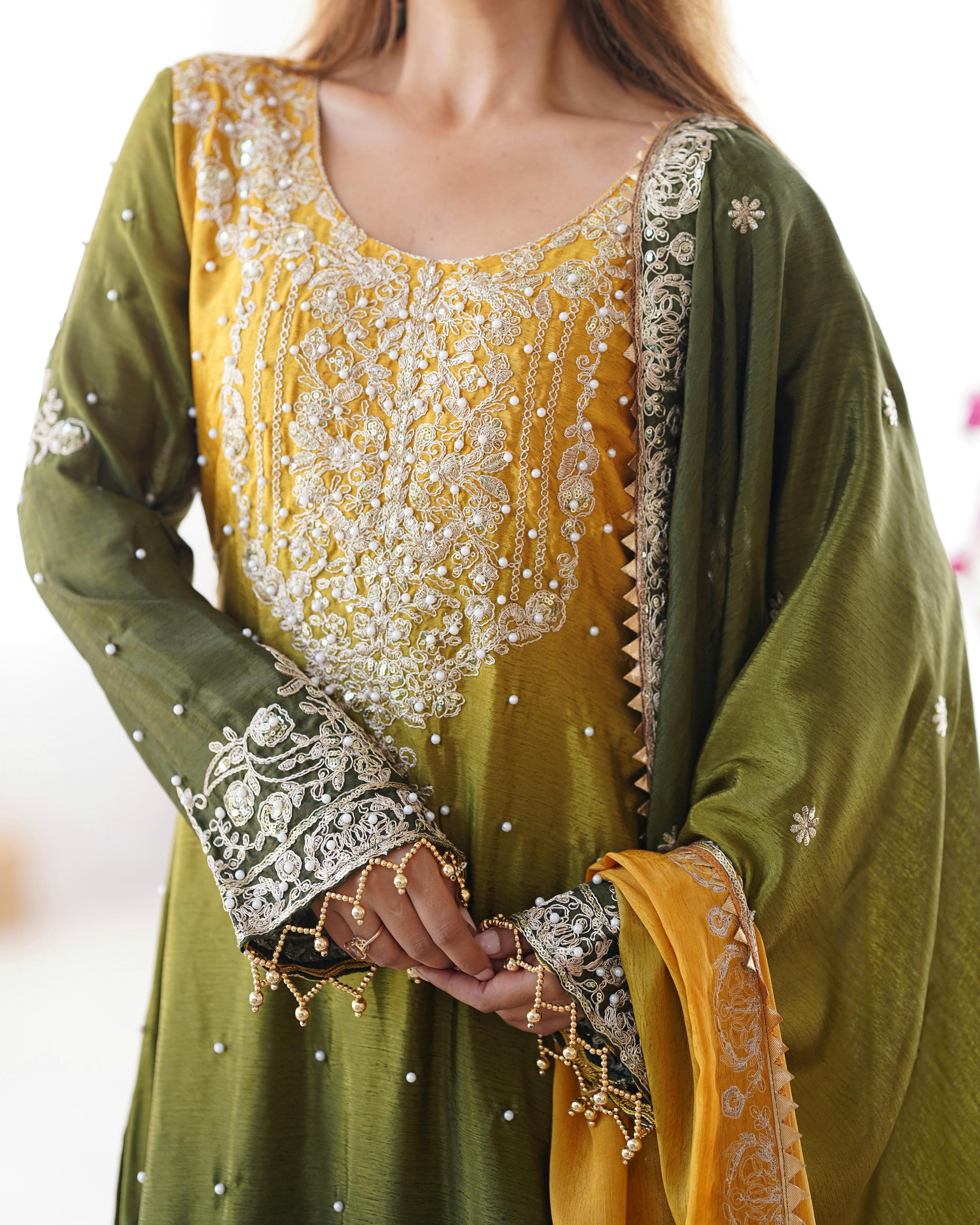 Manvisha Mehndi Green Embroidered Sharara Suit Set