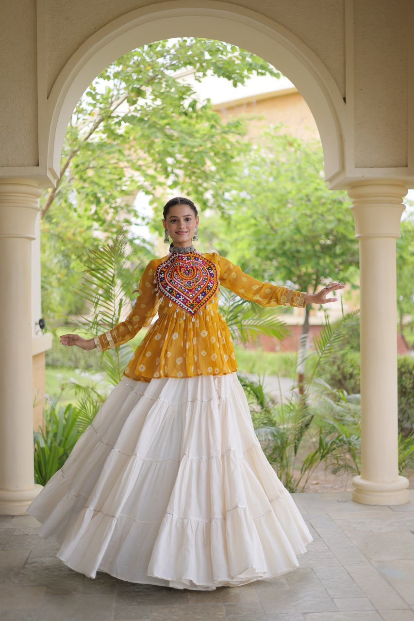 Charvi Yellow Kora Cotton Bandhni Kutchi Gamthi Lehenga