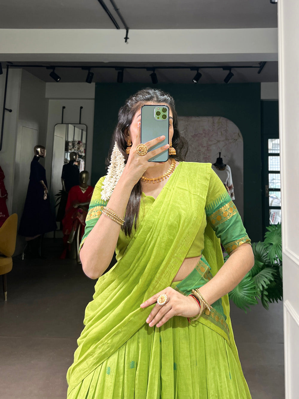 Green Chanderi Zari Weaving Work Half-Saree Lehenga