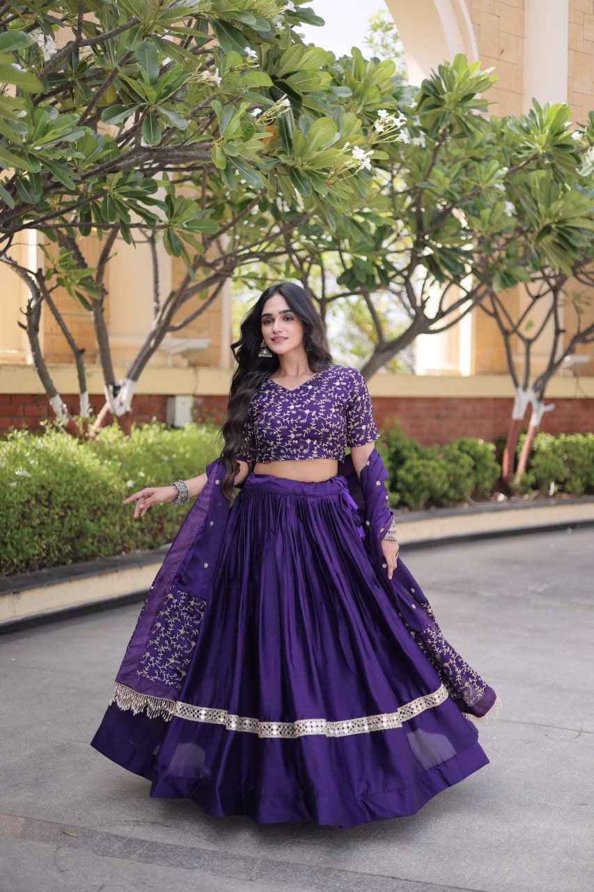 Subhadra Purple Glory Satin Embroidery Zari Sequins Lehenga