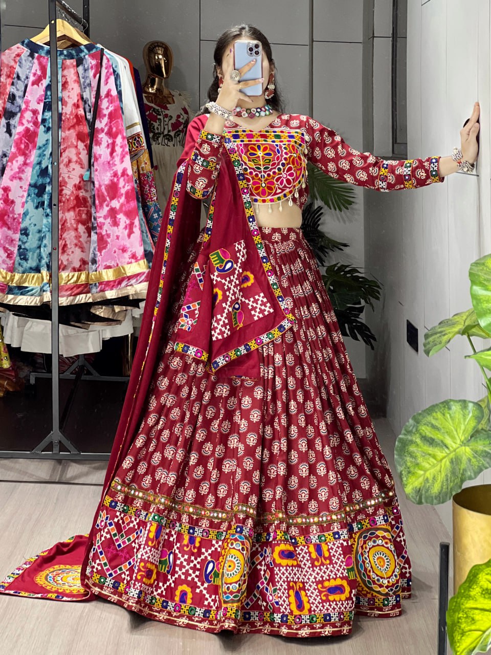 Maroon Ajrakh Print Rayon Cotton Mirror Work Lehenga Choli