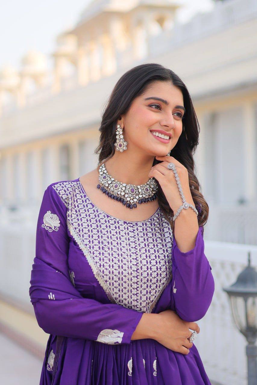 Veronika Purple Georgette Embroidered Anarkali Gown Set