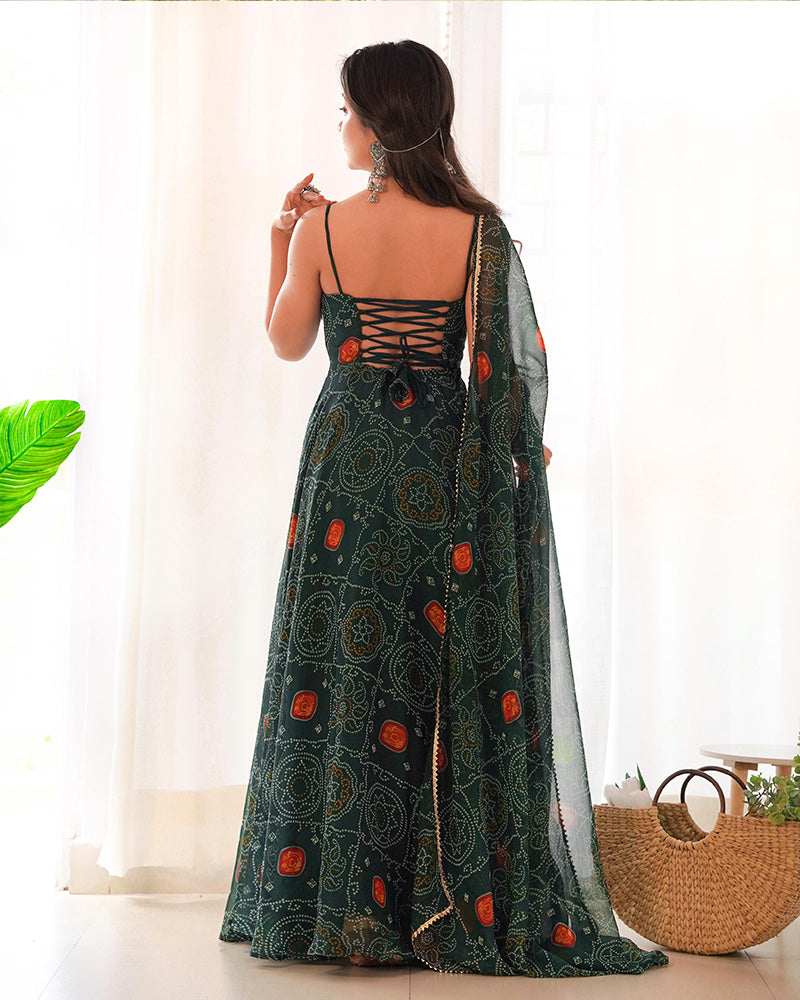 Manmayi green bandhani printed anarkali gown set