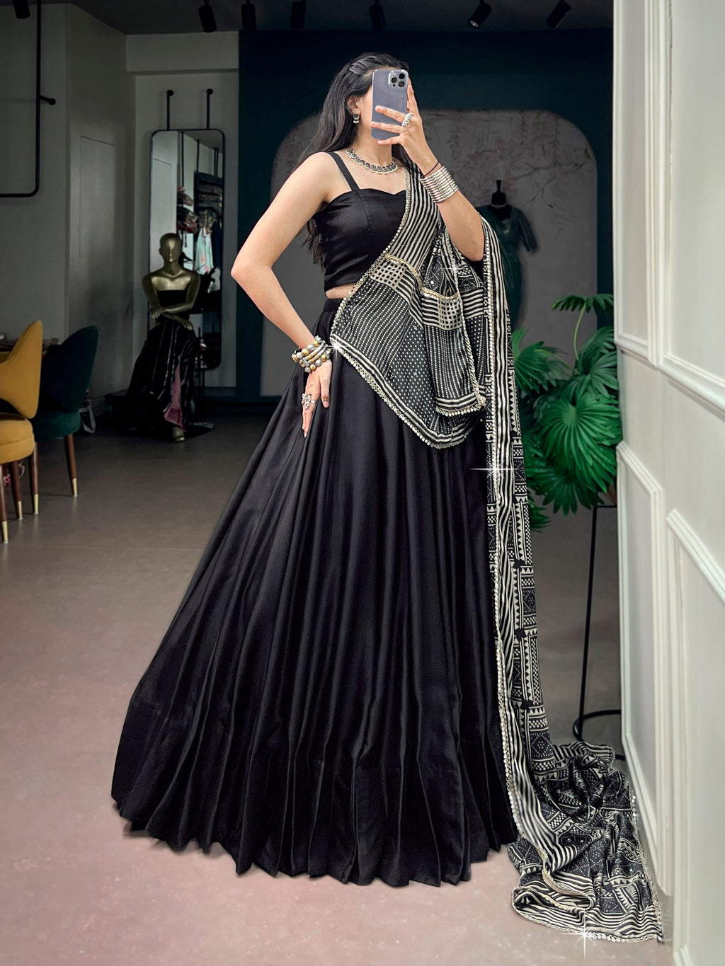 Oorja Black Moonga Silk Lehenga Choli