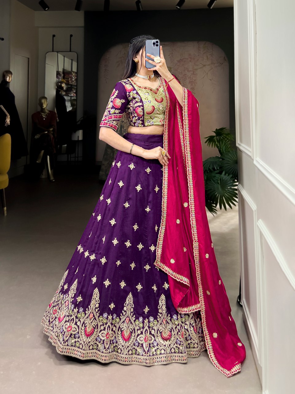 Arundhati Vichitra Silk Embroidered Purple Lehenga Set
