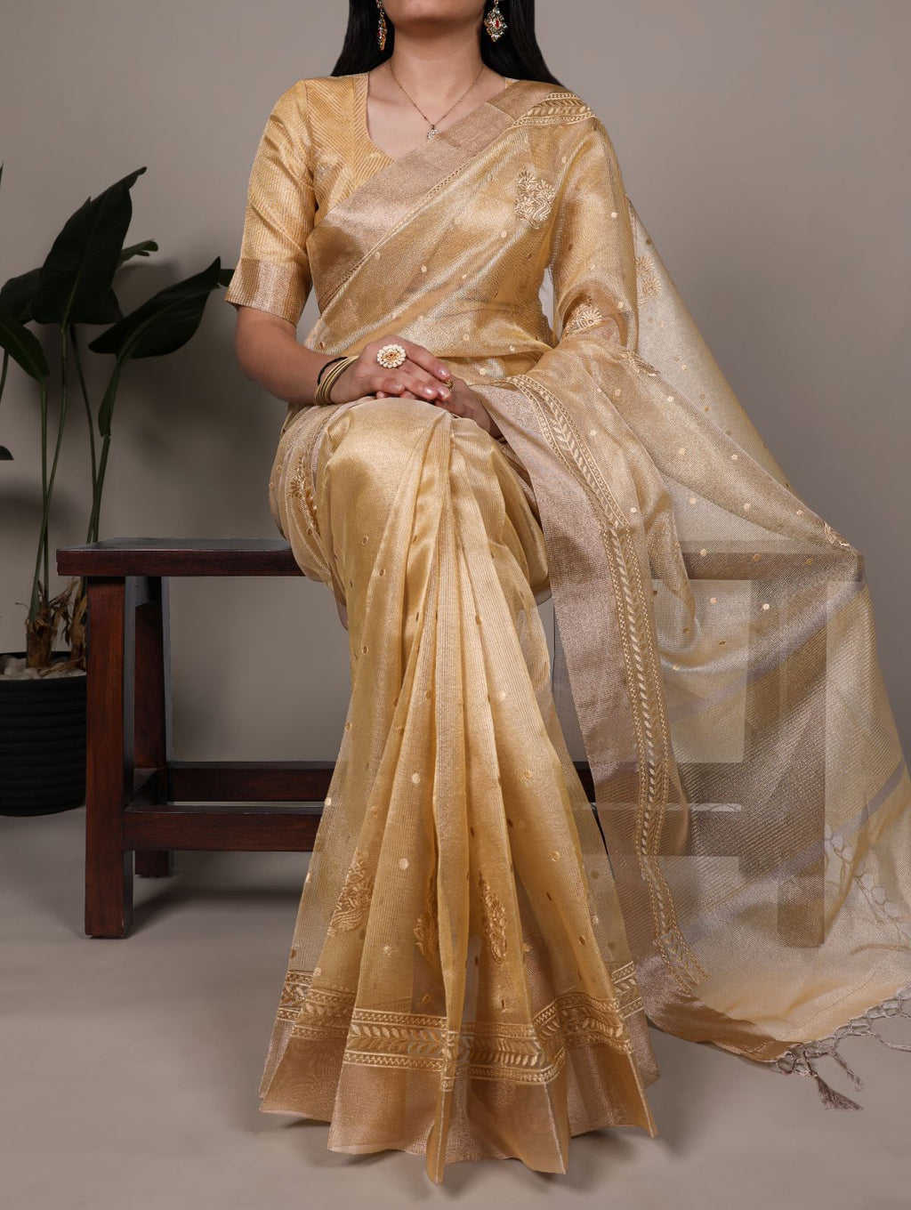 Yellow Color Poly Shimmer Thread Embroidered Saree with Unstitched Blouse