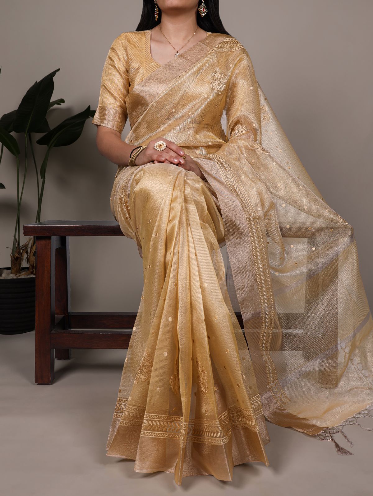 Yellow Color Poly Shimmer Thread Embroidered Saree with Unstitched Blouse