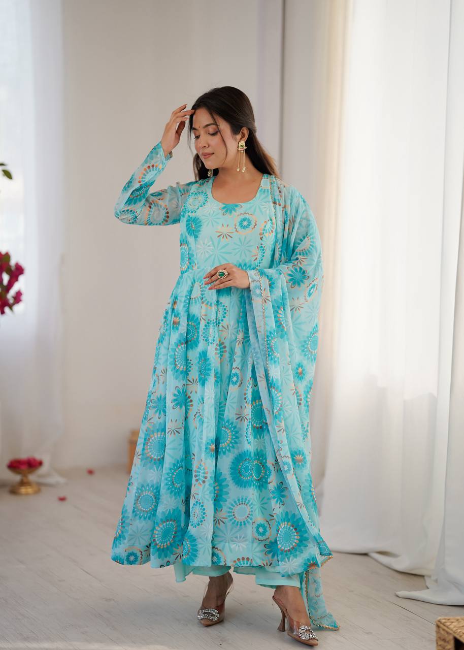Sky Blue Fox Georgette Floral Print Anarkali Suit Set