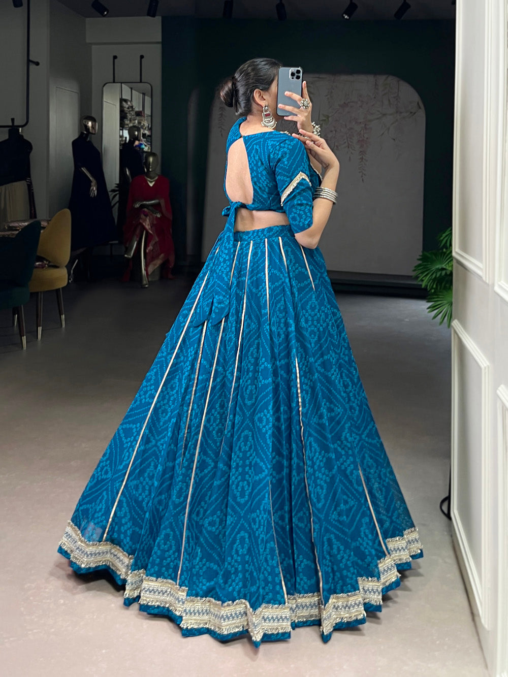 Blue Chiffon Bandhej Print Gota Patti Lace Work Lehenga Choli