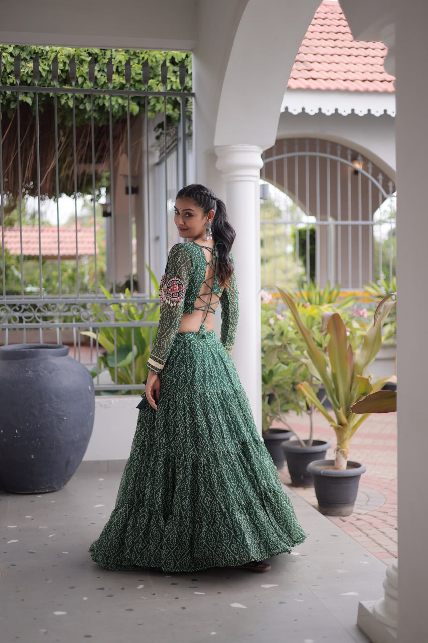 Anjali Green Faux Georgette Bandhani Kutchi Patchework Lehenga