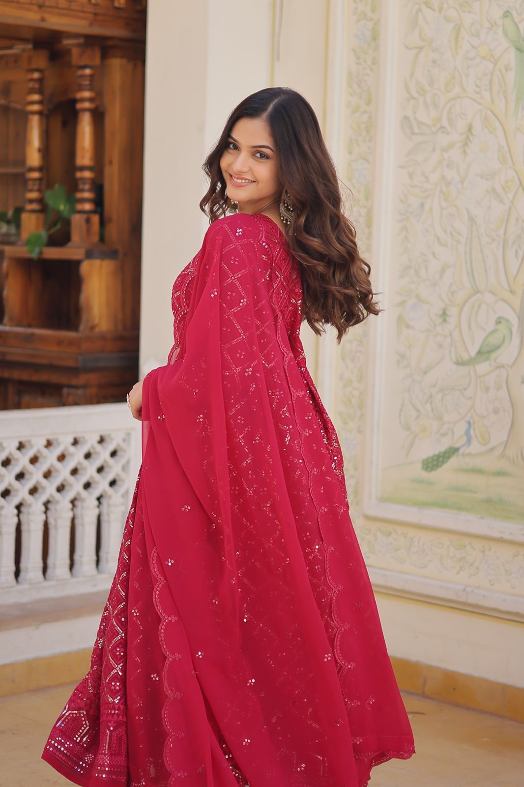 Radiant pink floral gown with dupatta set