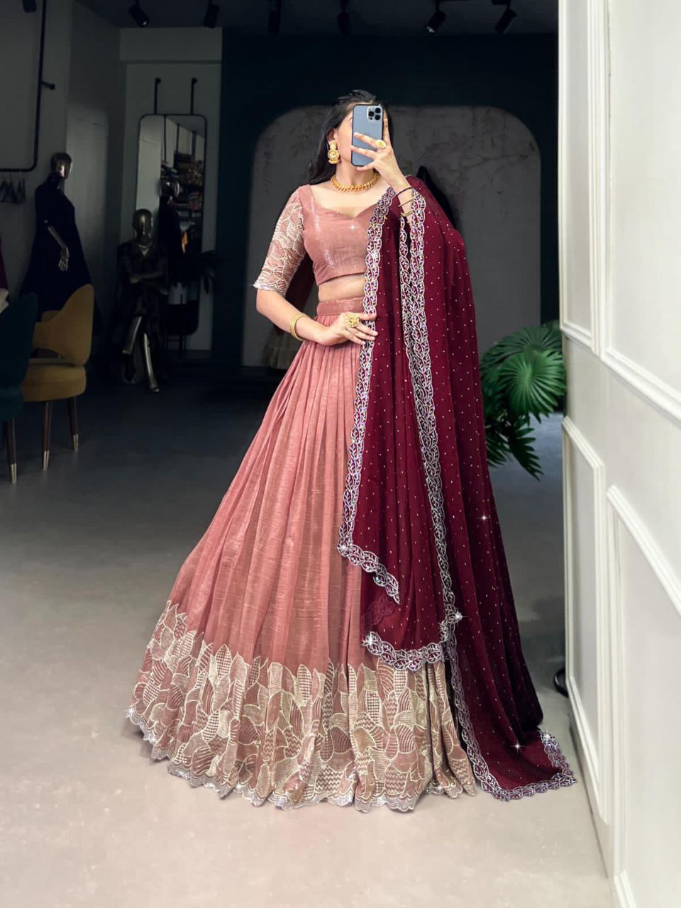 Peach Silver Glossy Embroidered with Hotfix Work Lehenga Choli