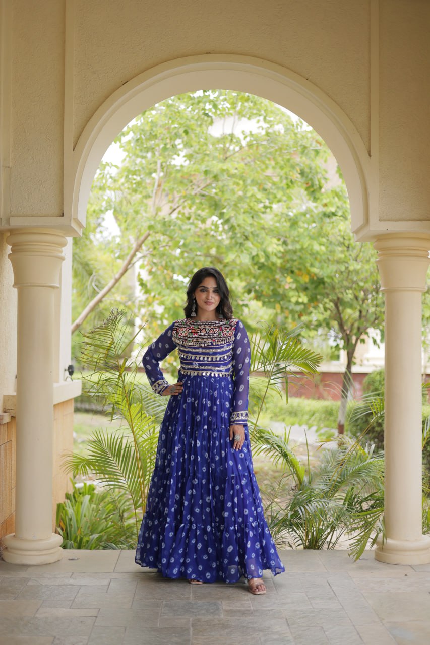 Lavanya Blue Faux Georgette Bandhani Kutchi Patchwork Gown
