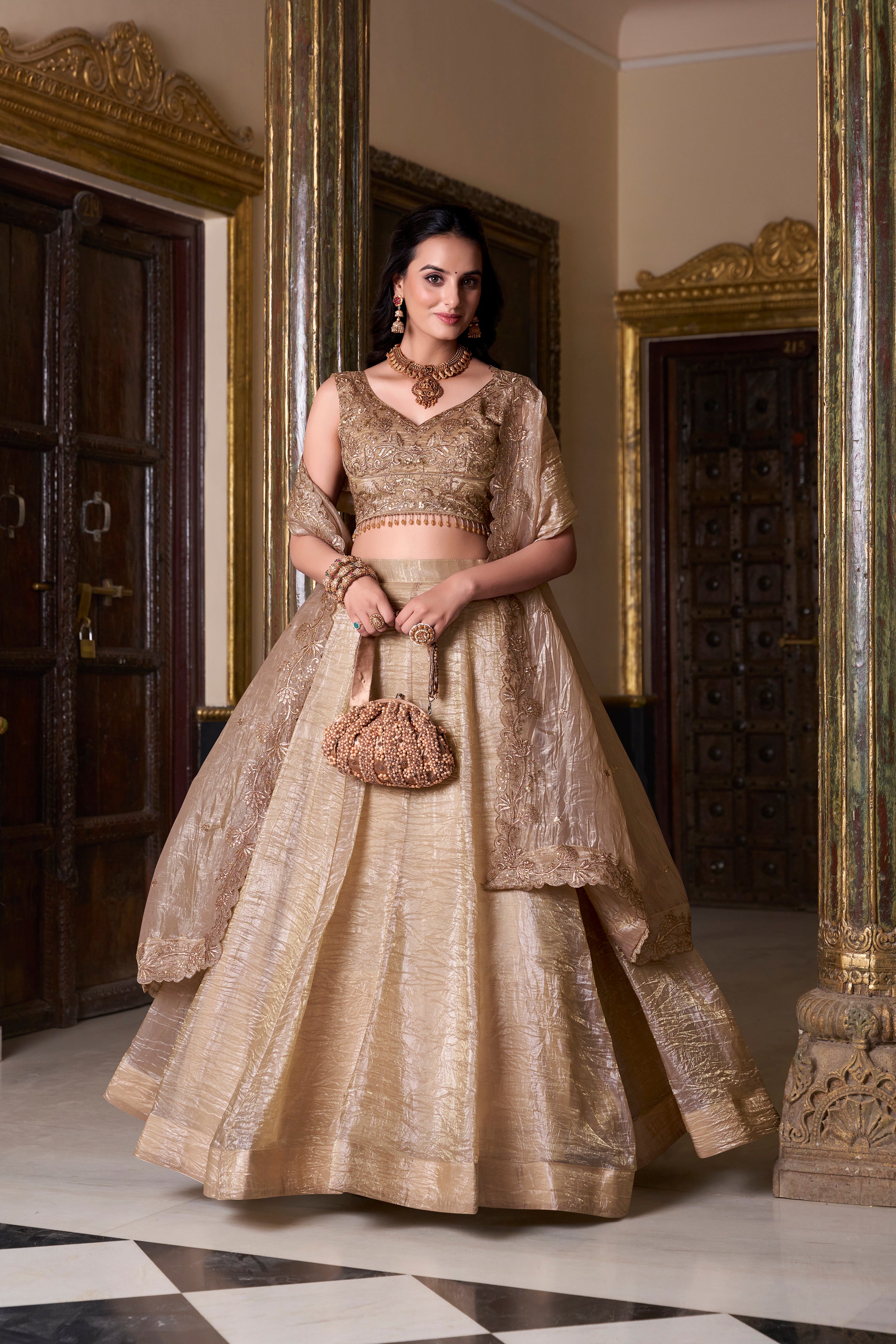 Antique Golden Color Gold Crush Lehenga Choli with Sequins Embroidered Dupatta