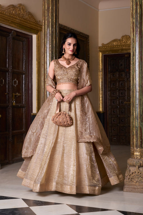 Antique golden gold crush lehenga choli with sequins embroidered dupatta