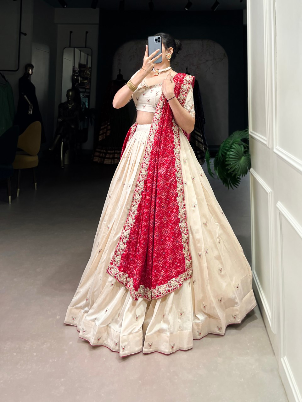 Off-white Vichitra silk embroidered lehenga choli with Bandhej dupatta