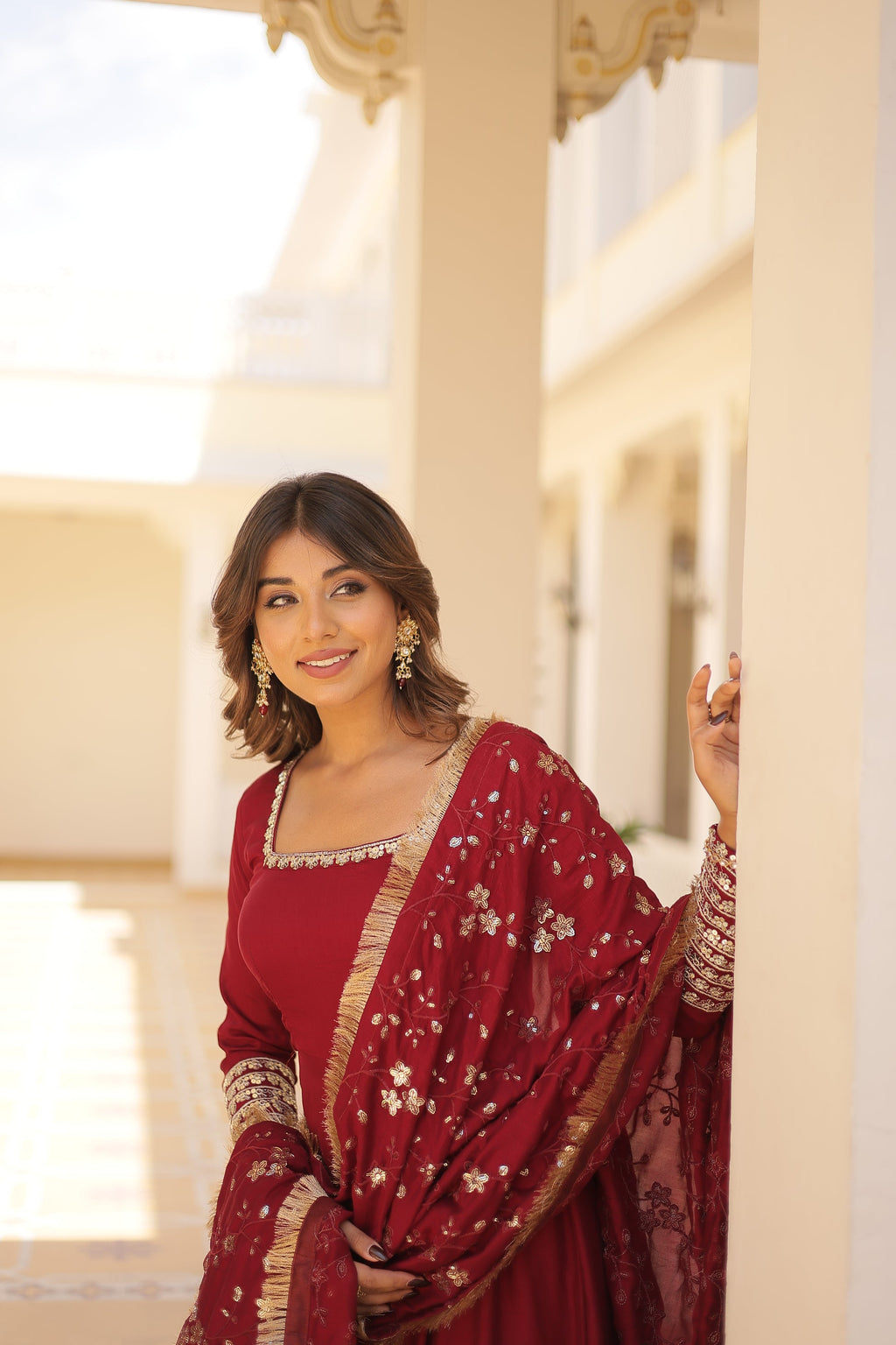 Aparajita Maroon Vichitra Silk Anarkali Gown Set