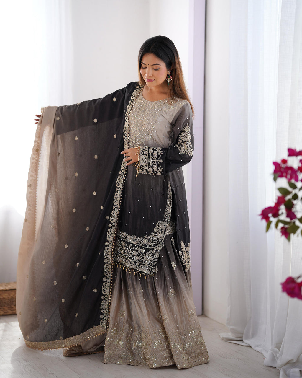 Manvisha Black Embroidered Sharara Suit Set
