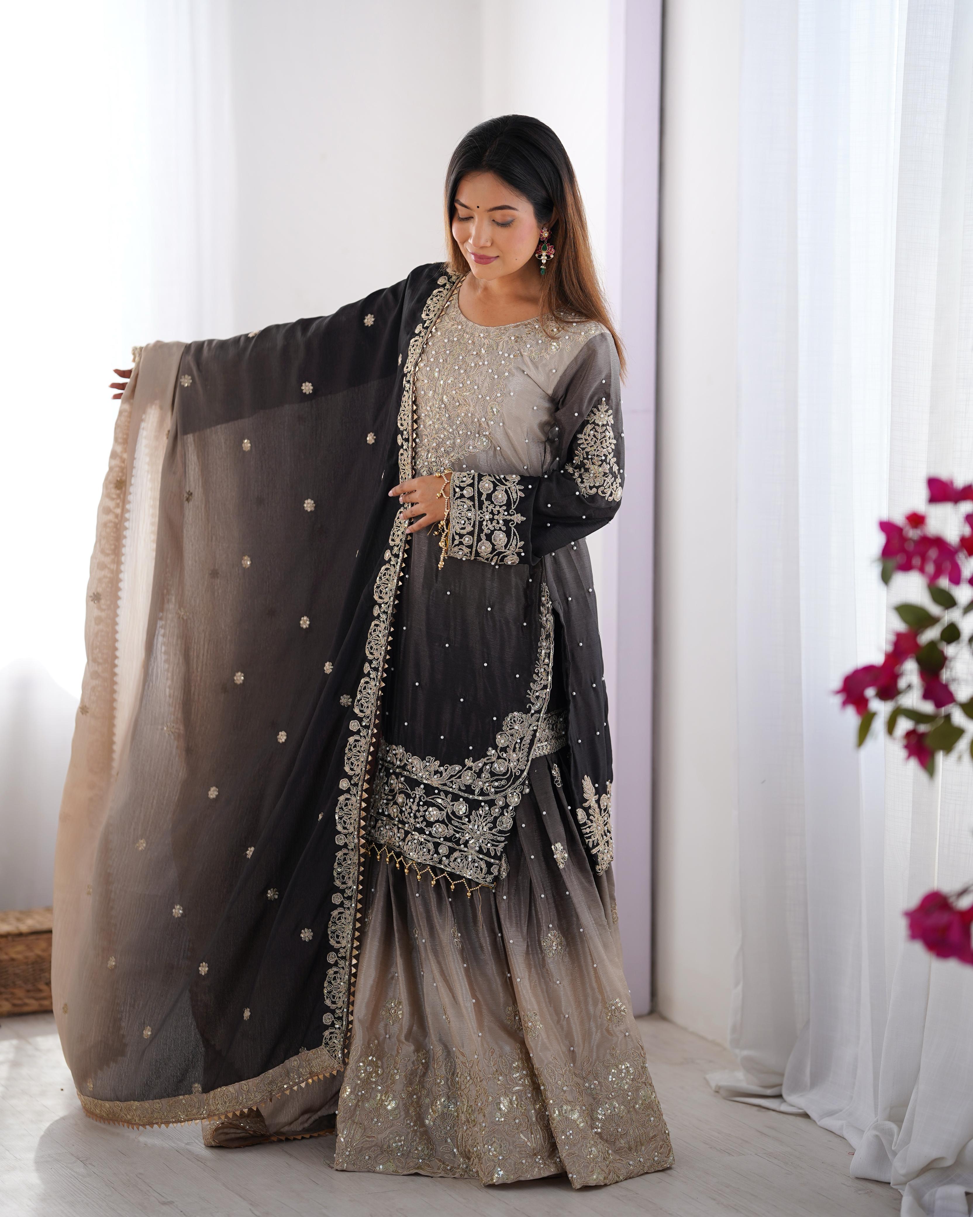 Manvisha Black Embroidered Sharara Suit Set