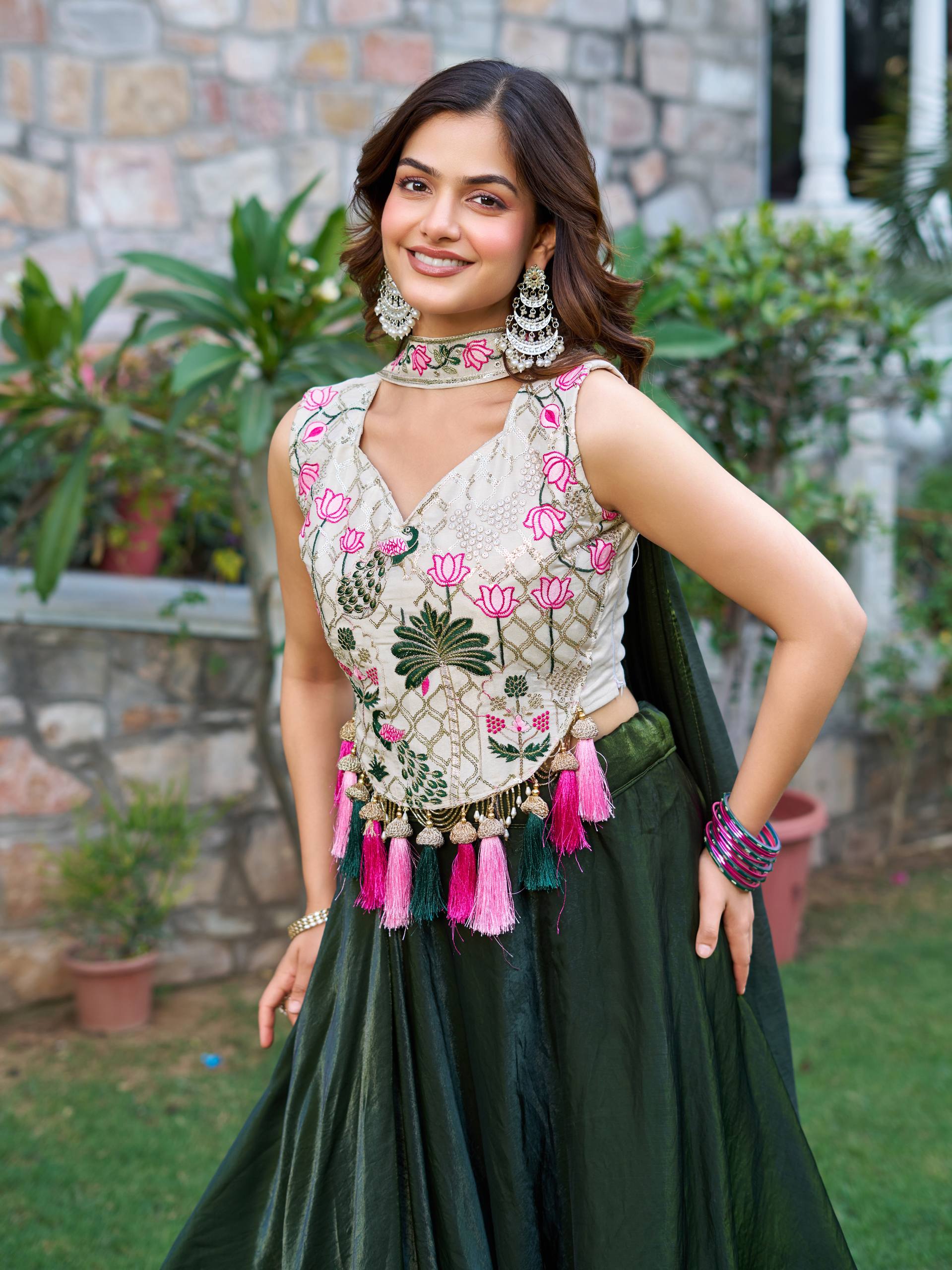 Tanu Green Color Tissue Silk Sequins Thread Work Lehenga Choli with Dupatta