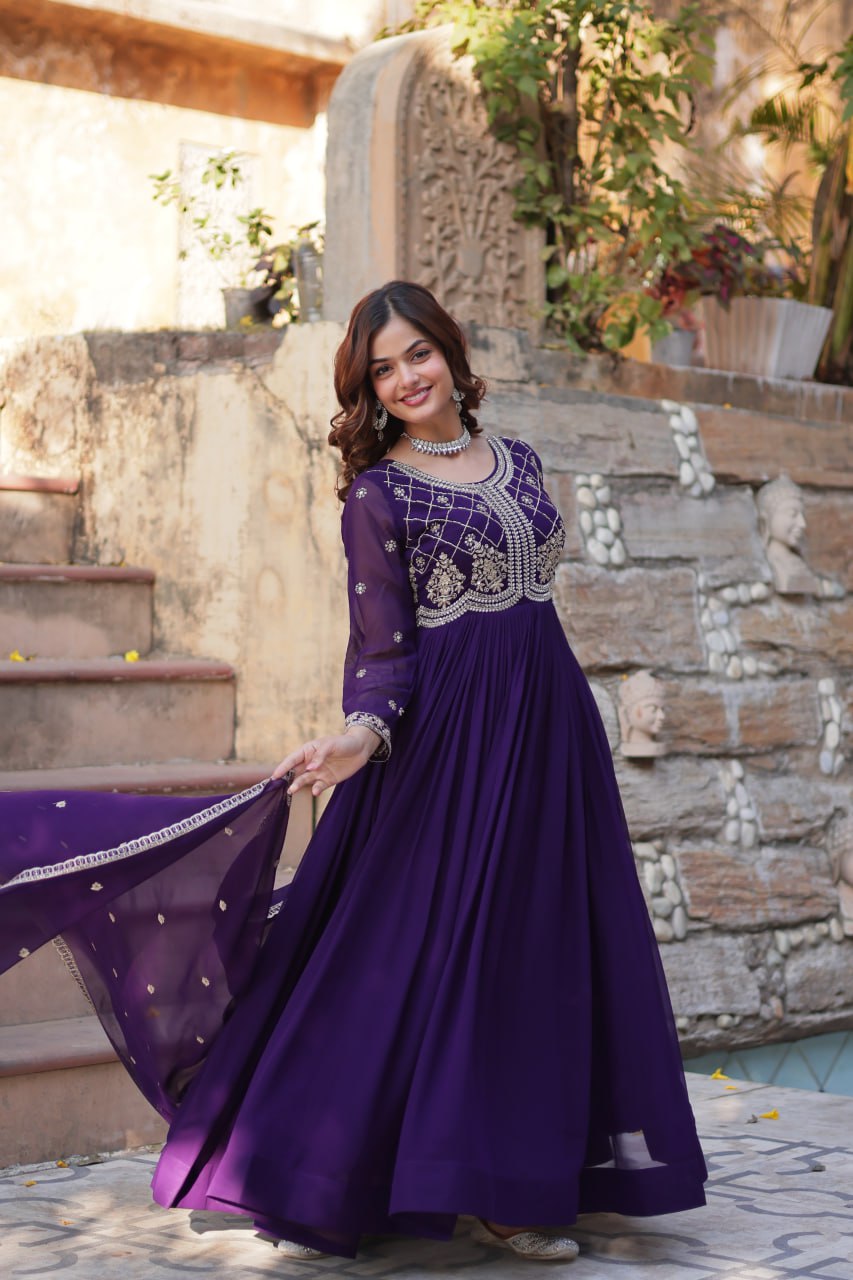 Chamvika Purple Designer Gown with Dupatta – party wear gown for women, long gown for wedding, Indian ethnic gown online, sequin embroidered gown, purple gown for reception, full sleeve gown dress, Indo western gown for girls, traditional Indian wear, stylish gown for engagement, readymade gown for festival, bridal gown with dupatta.
