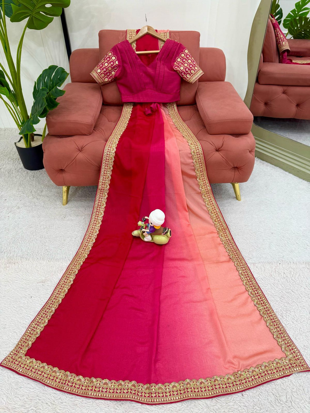 Shanvika pink pure Chinon silk saree with intricate thread embroidery and sequin lace border, paired with unstitched Mono Benglori embroidered blouse fabric – perfect for weddings, festive celebrations, and party wear 