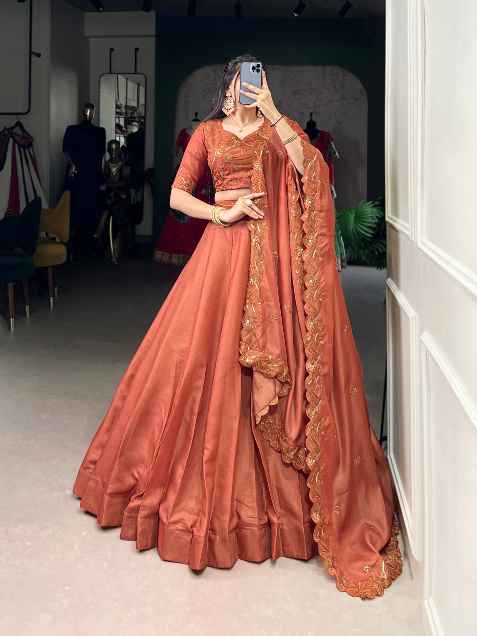 Rust orange Tussar silk sequins and thread embroidery lehenga choli